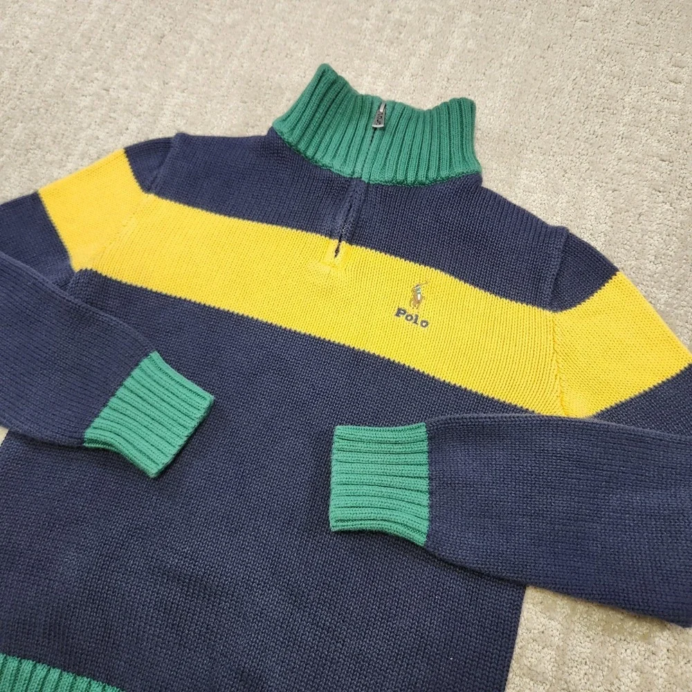 Polo Ralph Lauren Sweater Kids Medium 10-12  Heavy Cotton Quarter Zip Colorblock